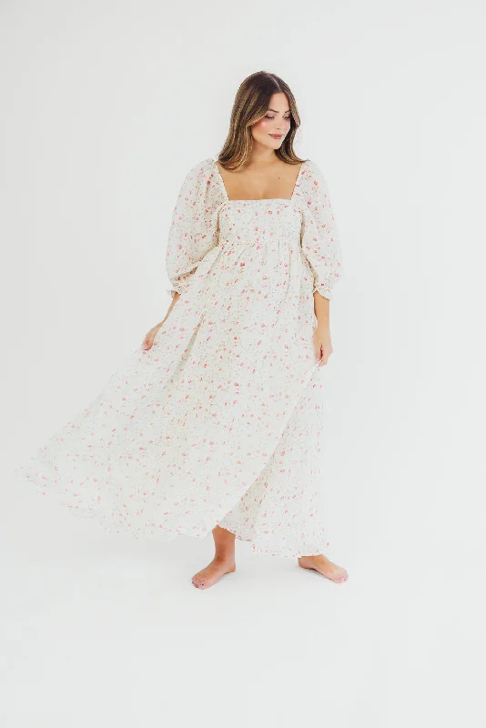 Sports Functional Style *New* Mona Maxi Dress with Smocking in Ivory Floral - Bump Friendly & Inclusive Sizing (S-2XL)