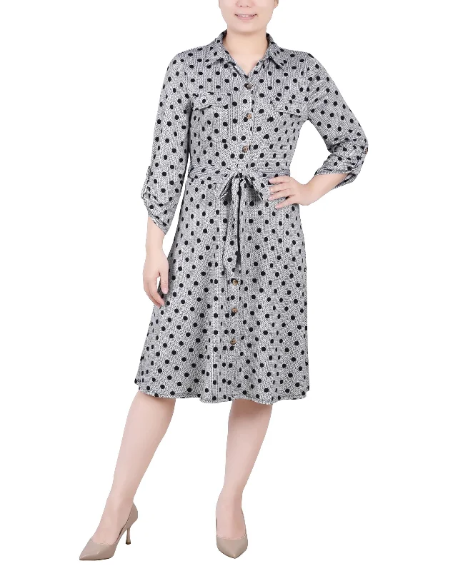 Petite 3/4 Sleeve Roll Tab Shirtdress