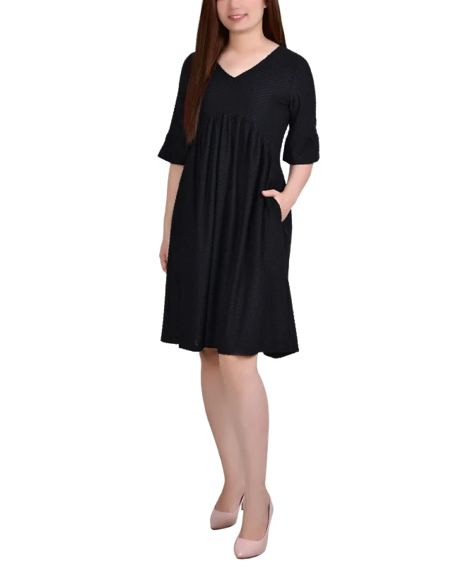 Fresh Comfort Petite Elbow Sleeve Swiss Dot Empire Dress