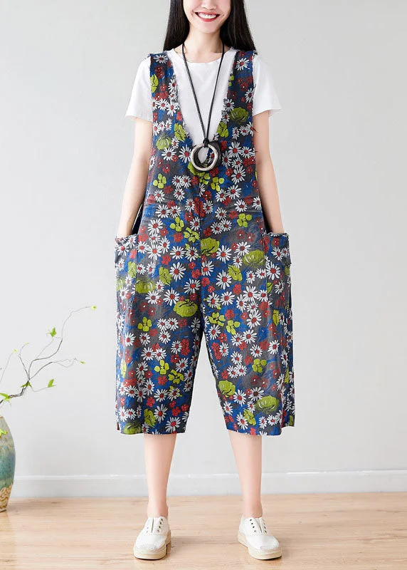 Avant-garde trend Plus Size Dark Grey V Neck Print Pockets Cotton Overalls Jumpsuit Summer