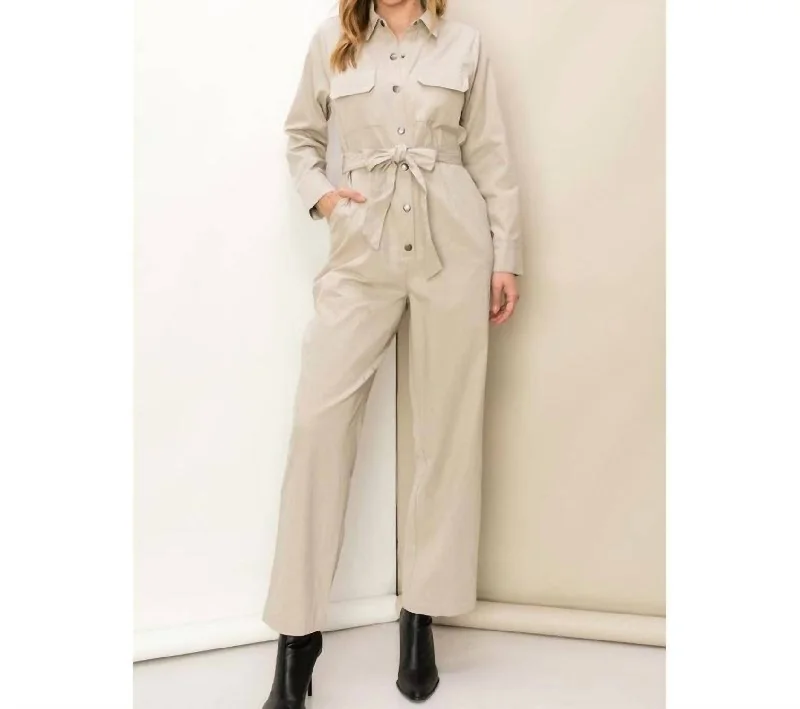 Relaxing Weekend Tie-Belt Jumpsuit In Tan