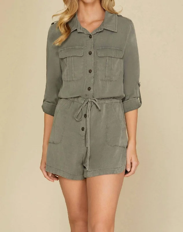 Roll-Up Sleeve Woven Buttoned Romper In Olive