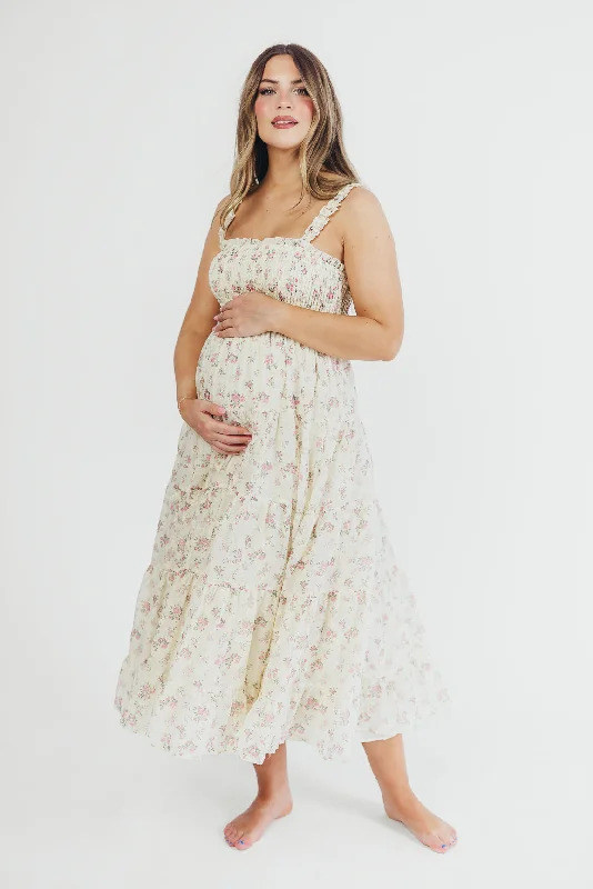 Elegant Wear Ryan Ruffle Midi Dress with Embroidered Detail in Cream/Pink Floral