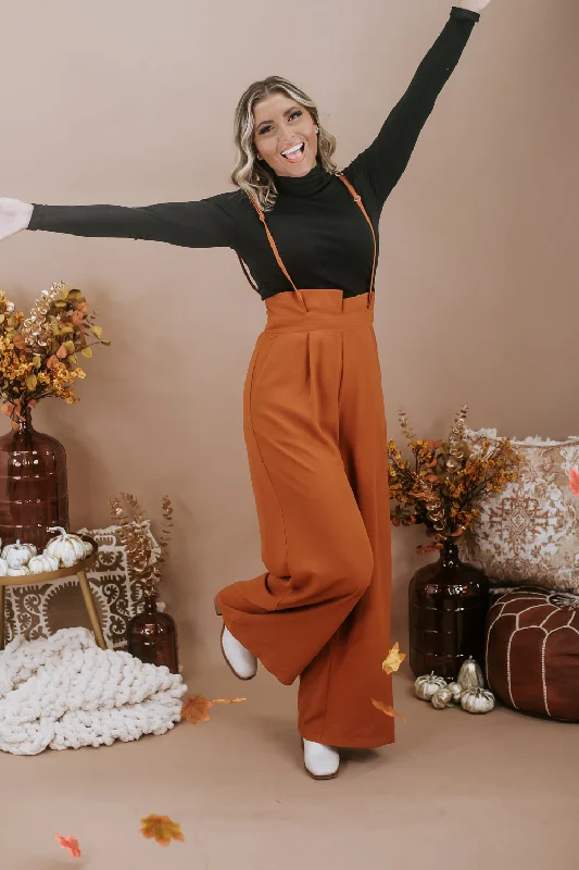 Retro Design Setting Trends Suspender Pants, Rust