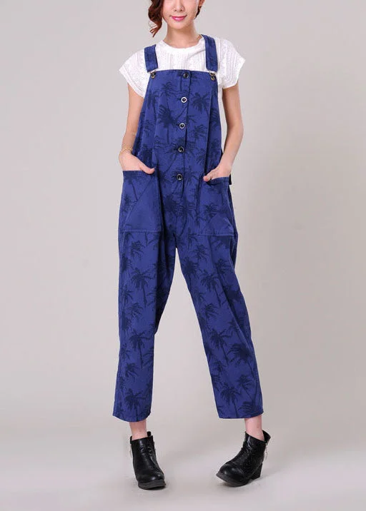 Sports Yoga Style Simple Blue Oversized Maple Leaves Print Pockets Cotton Jumpsuits Spring