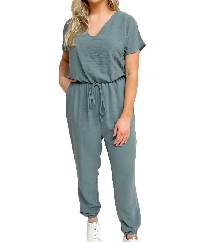 Solid Long Jumpsuit In Slate Blue