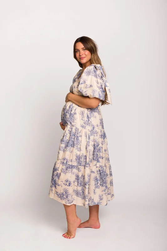Relaxed Dresses Elena 100% Cotton Toile Print Smocked Midi Dress in Blue - Bump Friendly