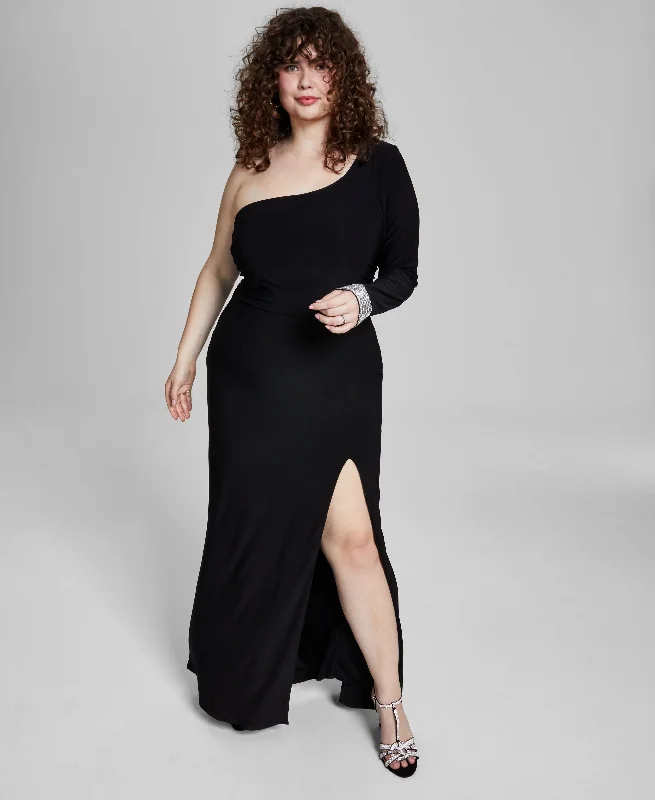 Soft Style Trendy Plus Size One-Shoulder Side-Slit Dress