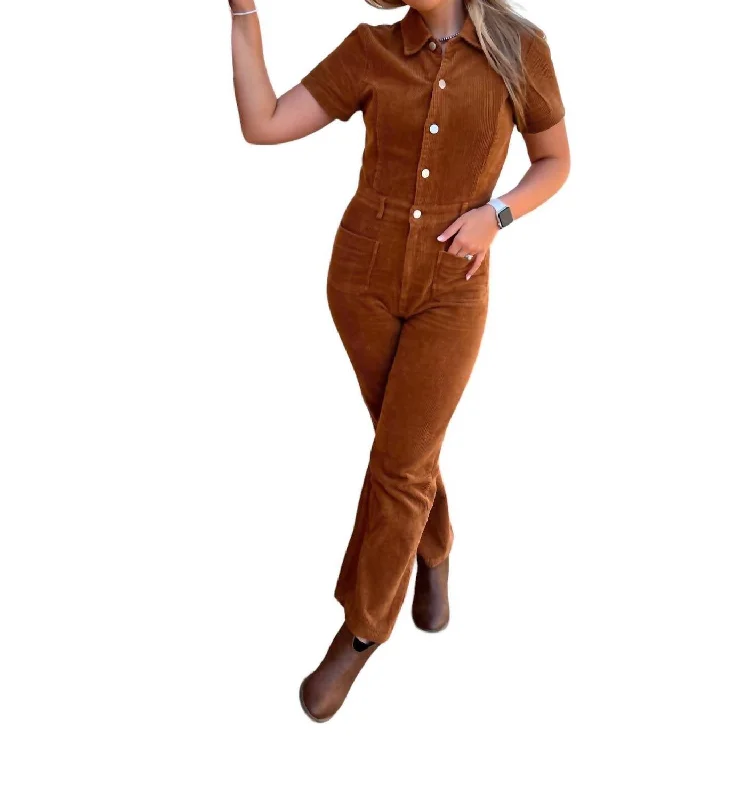 Relaxed Fit Tristyn Corduroy Button Down Jumpsuit In Brown