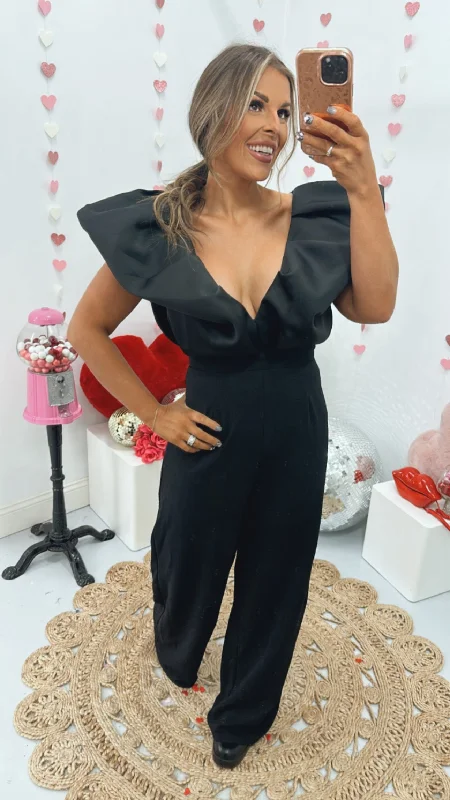 Sports Fitness Style Show Out Flare Sleeve Jumpsuit, Black