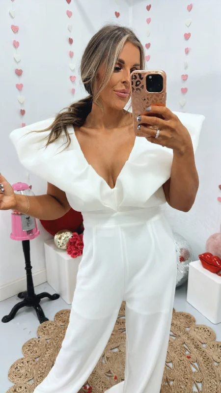 Sports Jacket Show Out Flare Sleeve Jumpsuit, White