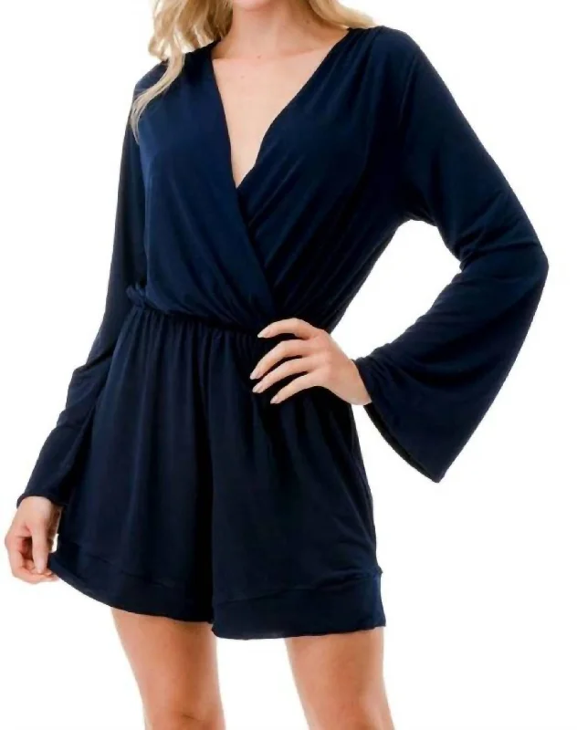 Cozy Vibes V-Neck Romper In Navy