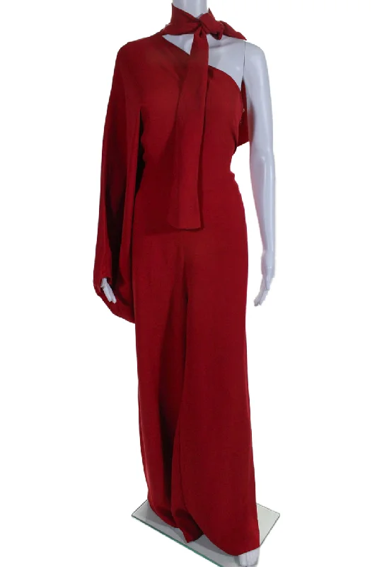 Fashionable and casual Valentino Womens Silk Crepe One Shoulder Wide Leg One Piece Jumpsuit Red