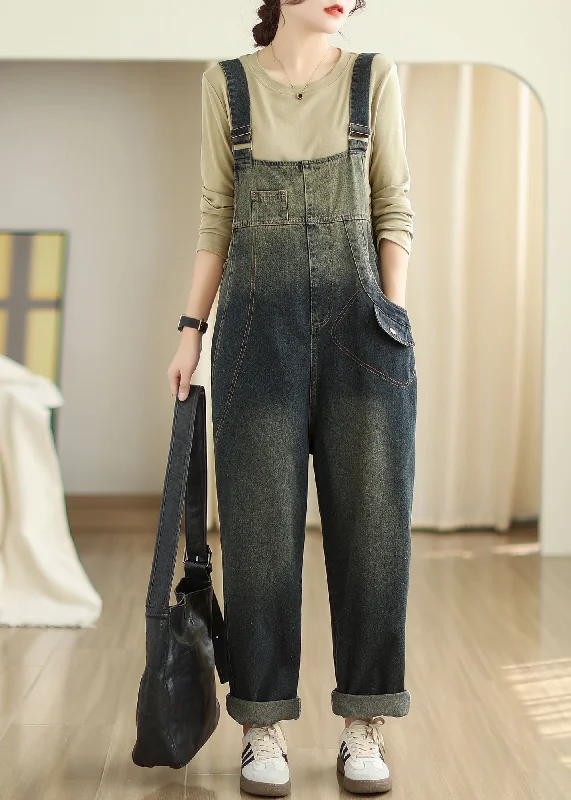 Comfortable down Vintage Slash Neck Pockets Patchwork Denim Jumpsuits Fall