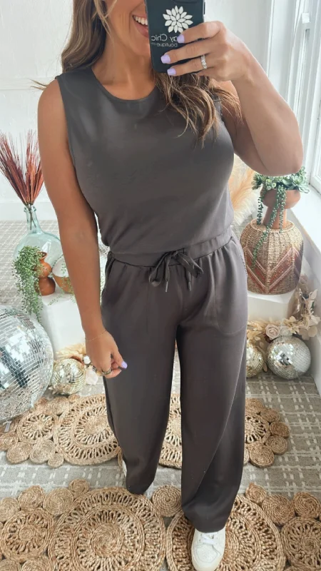 Chic Outfits Wide Leg Drawstring Jumpsuit, Dark Charcoal