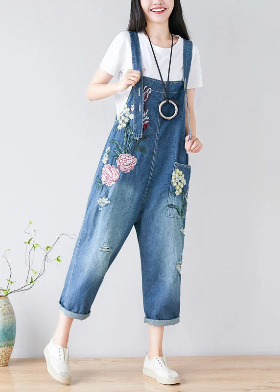 Literary Style Women Blue Embroideried Cotton Denim Jumpsuits Spring