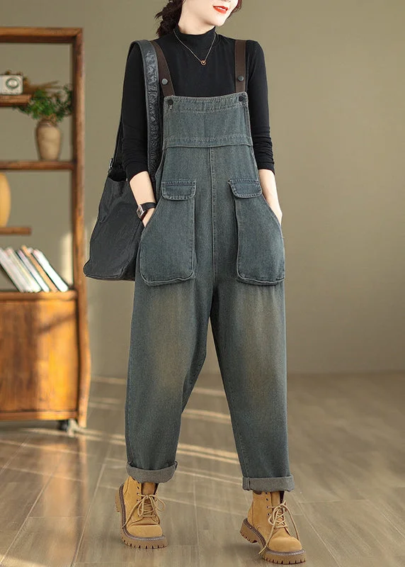 British casual Women Blue Pockets High Waist Denim Jumpsuit Fall