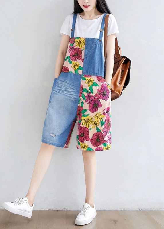 Comfortable and simple Women Light Blue Patchwork Print Cotton Overalls Jumpsuit Shorts Summer