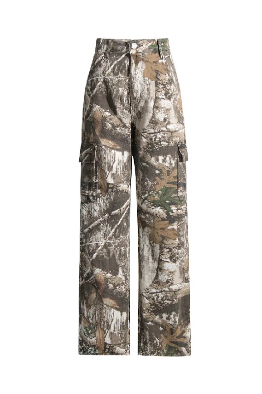 Street Graffiti Design Adventurous Tropical Print Cargo Pocket High Rise Straight Leg Camo Jeans
