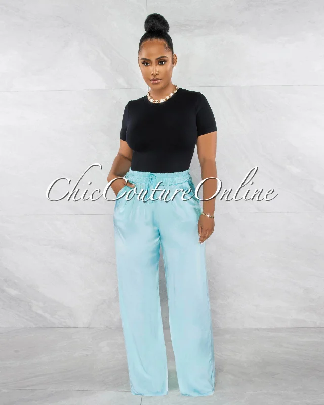 Berkley Baby Blue Drawstring Wide Silky Pants