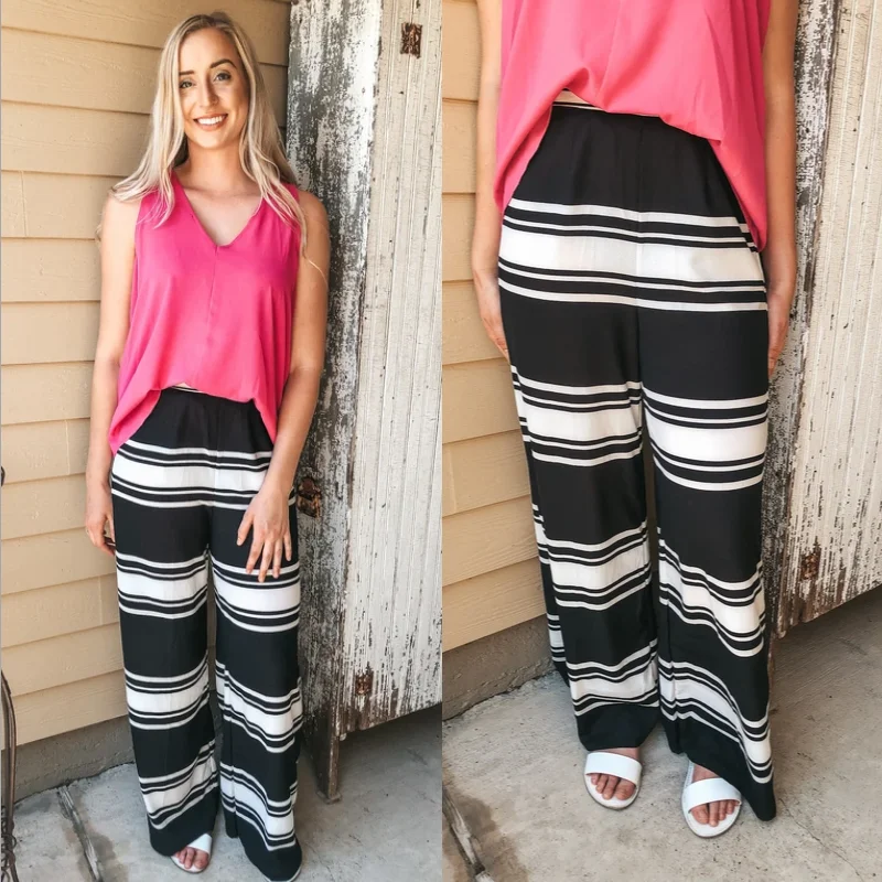 Cozy Pants Keep Up Striped Wide Leg Pants in Black and White