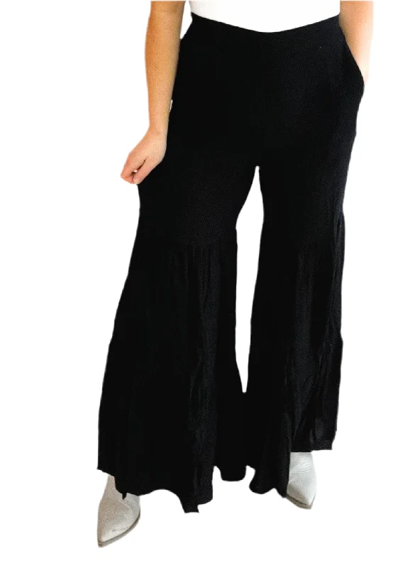 High-waisted pants style Black Tiered Ruffle High Waisted Wide-Leg Pants