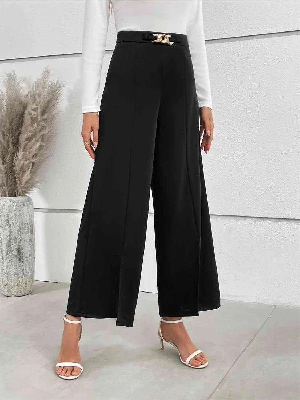 Layered Style Chain Detail Slit Straight Pants
