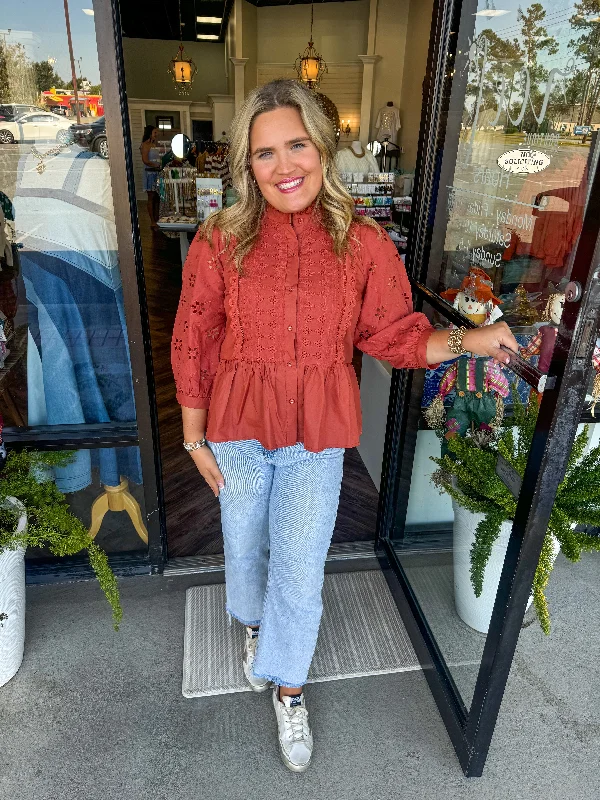 Soft Touch Classy Eyelet Top: Rust