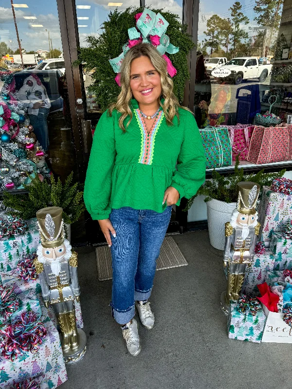 Classic Items Color Trim Peplum Top: Green