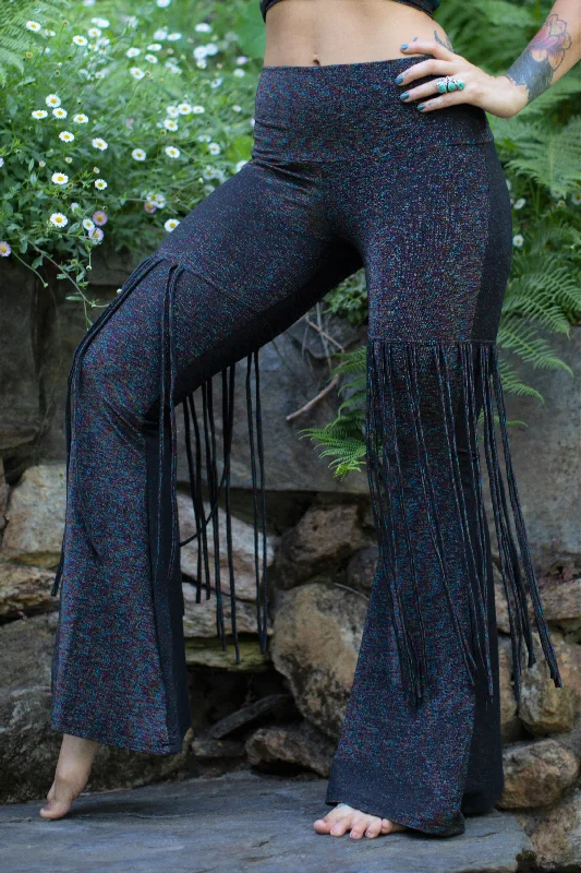 Elegant Classic High Waisted Bell Bottom Fringe Pants - Black Sparkle Rainbow