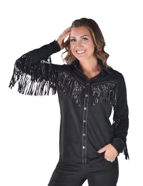 Cowgirl Tuff Womens Crystal Fringe Black Polyester L/S Shirt XL