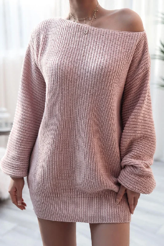 Cozy Winter Boat Neck Long Sleeve Textured Sweater Mini Dress - Pink