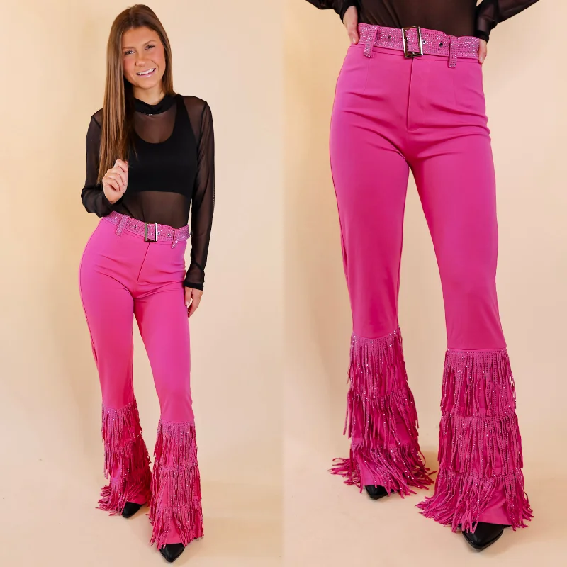 Easygoing Style Cowboy Killer Crystal Fringe Bell Bottom Pants in Pink