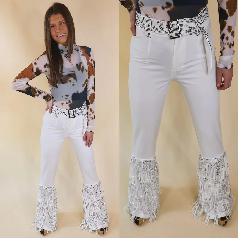Luxe Comfort Cowboy Killer Crystal Fringe Bell Bottom Pants in White