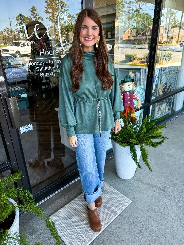 High Street Fashion Drawstring Comfy Top: Green