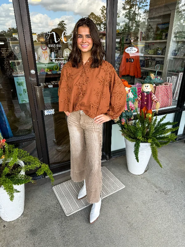 Casual Wear Floral Stitch Applique Top: Chestnut