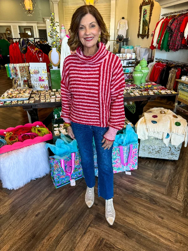 Casual Choice Fuzzy Striped Sweater: Red&Pink