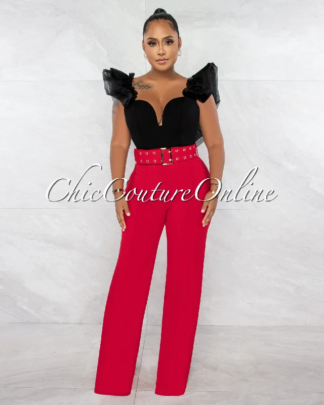 Gazella Red Gold Buckle Belt High Waist Palazzo Pants