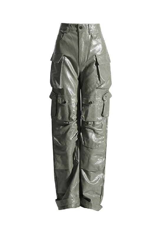 Creative Style Glossy Mid Rise Wide Leg Cargo Pocket Full Length Draped Leather Pants