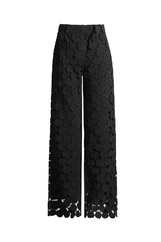 Street Style Graphic Circular Laser Cut Pleated High Waist Wide Leg Guipure Lace Pants