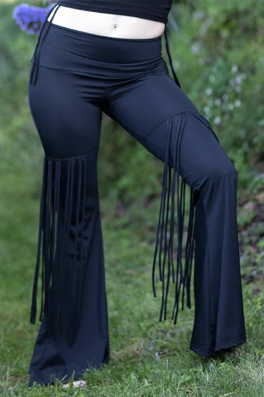 Trendy Looks High Waisted Bell Bottom Fringe Pants - Black Sheen