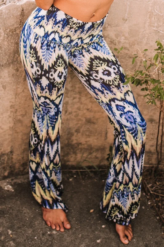 Simple Comfort High Waist Bell Bottom Flare Pants - Blue and Cream