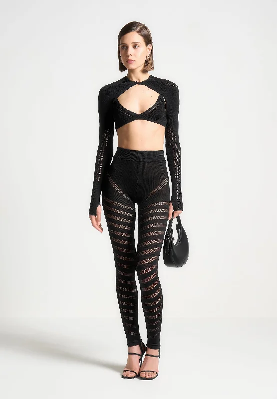 Modern Tailoring High Waisted Knitted Spiral Contour Leggings - Black
