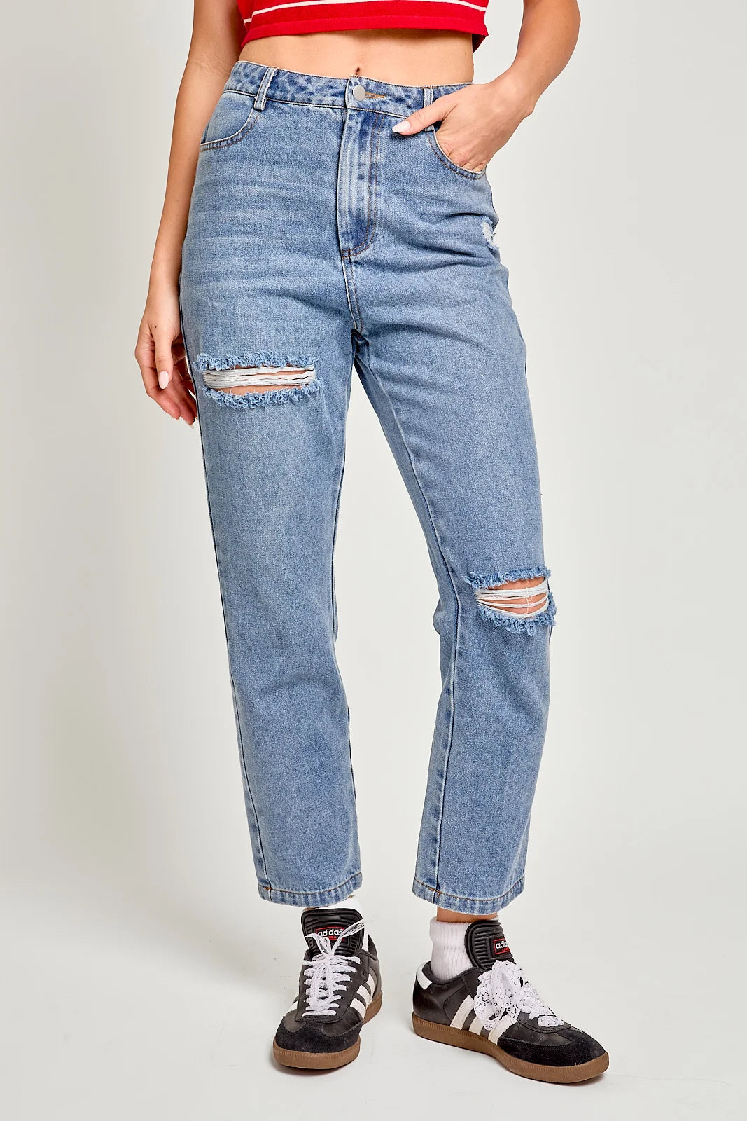 Cotton High Waist Distressed Washed Jeans