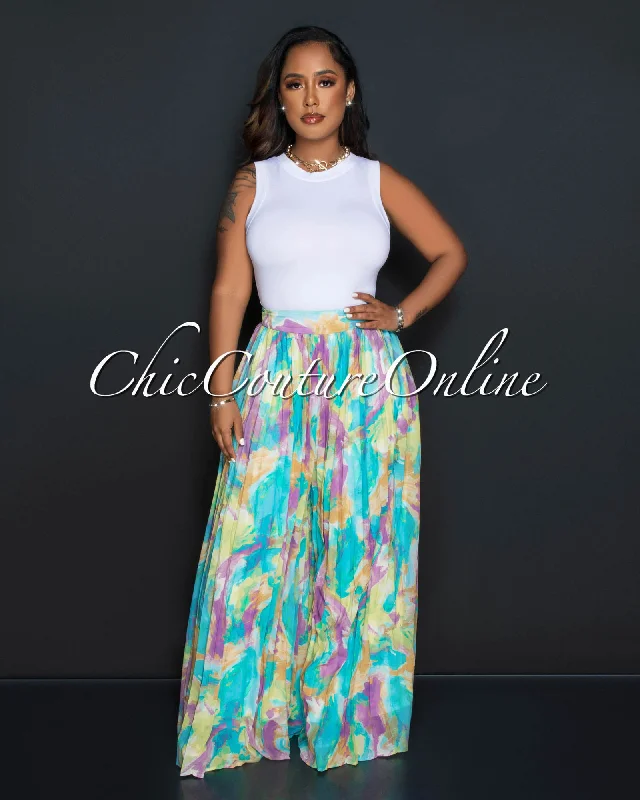 Iranick Green Multi-Color Print Pleated Wide Pants