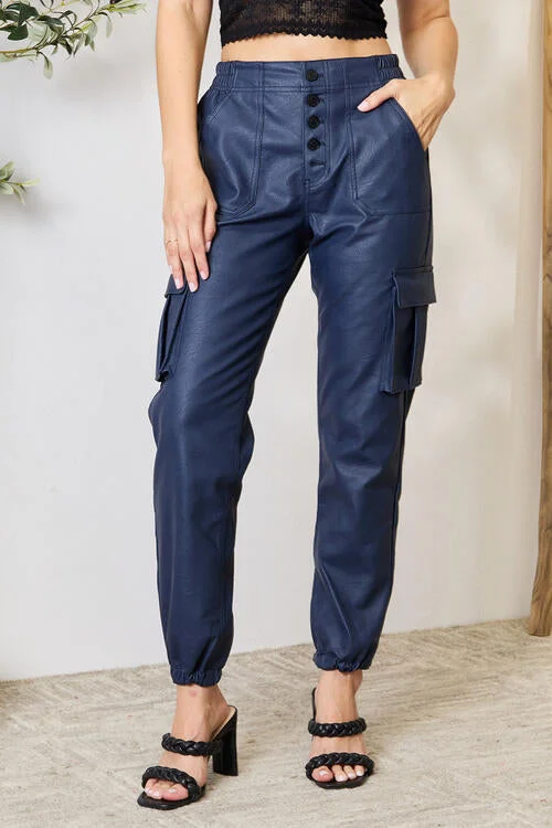 Comfortable Tops Kancan High Waist Faux Leather Cargo Joggers