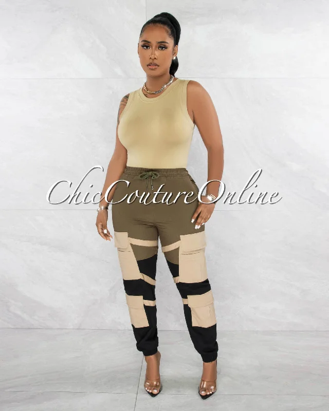 Karry Olive Black Nude Straps Cargo Jogger Pants