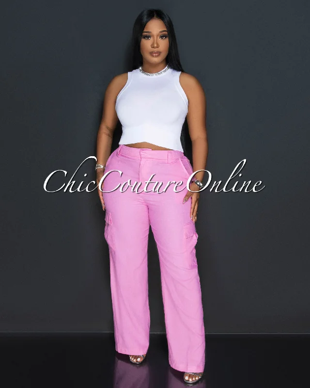 Kerly Bubblegum Pink Cargo Linen Pants