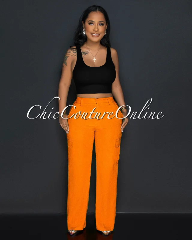 Kerly Orange Cargo Linen Pants