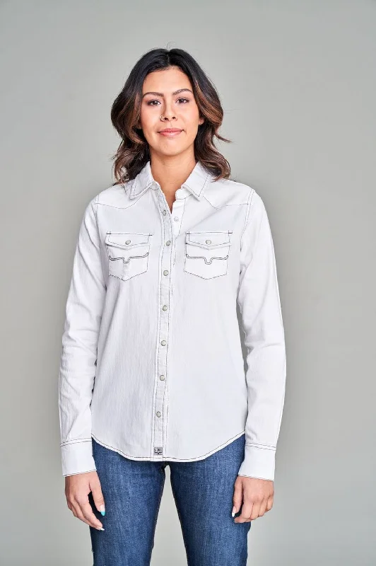 Kimes Ranch Womens Kaycee Denim Winter White Cotton blend L/S Shirt